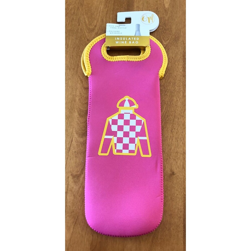 OM Insulated Wine Liquor Tote Bag Pink Yellow Jockey Silk Horse Racing Derby NEW